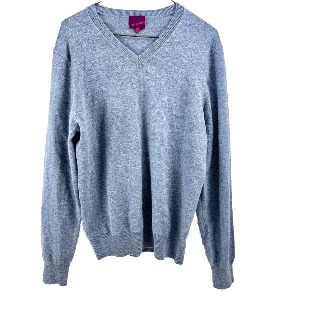 State Cashmere 100% Cashmere Knit Blue Grey Slate V-Neck Sweater Women’s Sz L